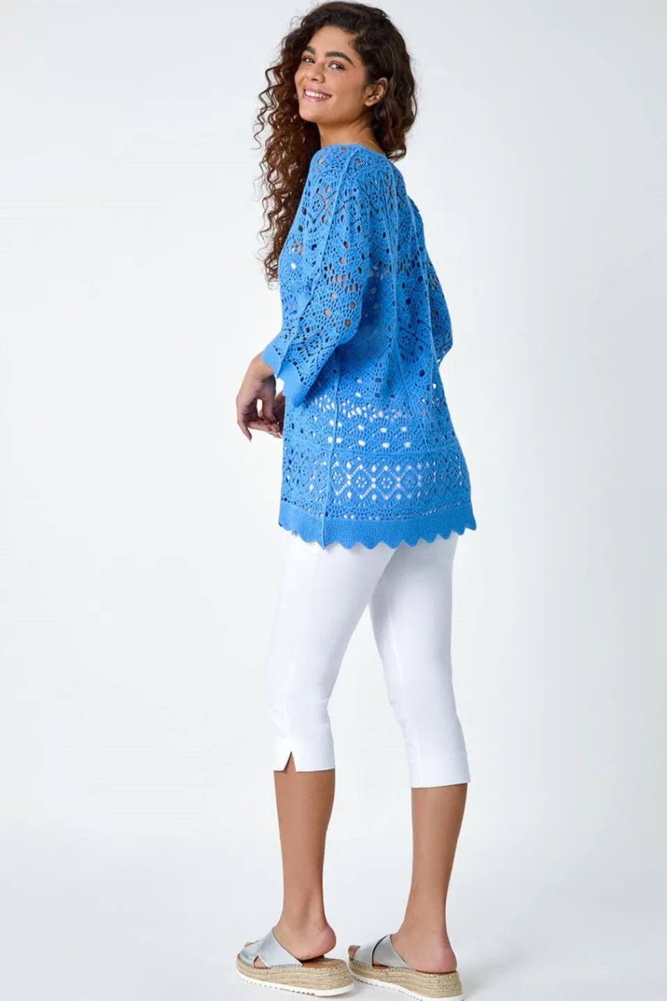 T-Shirts>Roman Light Blue Cotton Crochet Tunic Top LightBlue