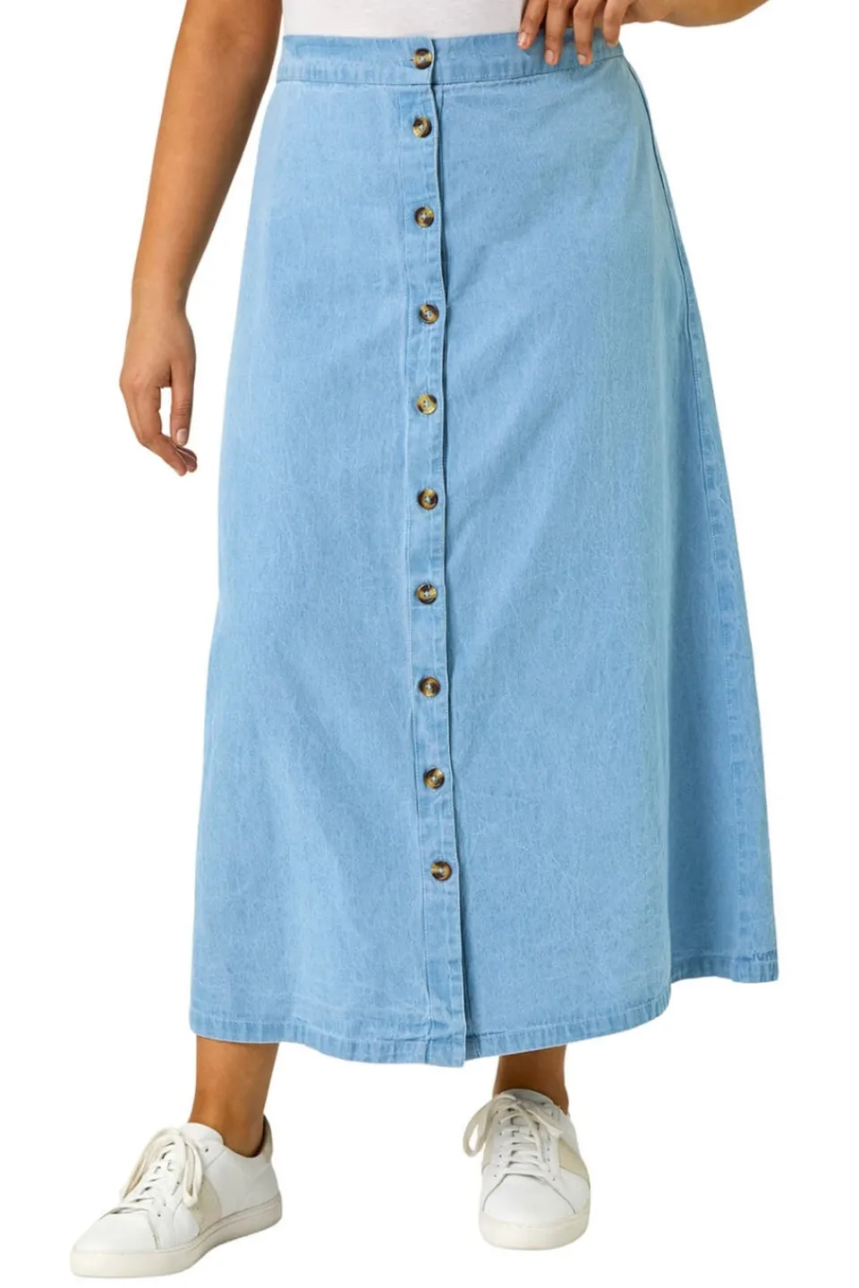 Skirts>Roman Light Blue Curve Button Through Denim Skirt