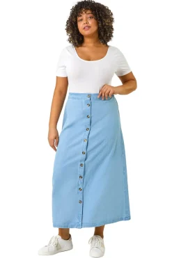 Skirts>Roman Light Blue Curve Button Through Denim Skirt