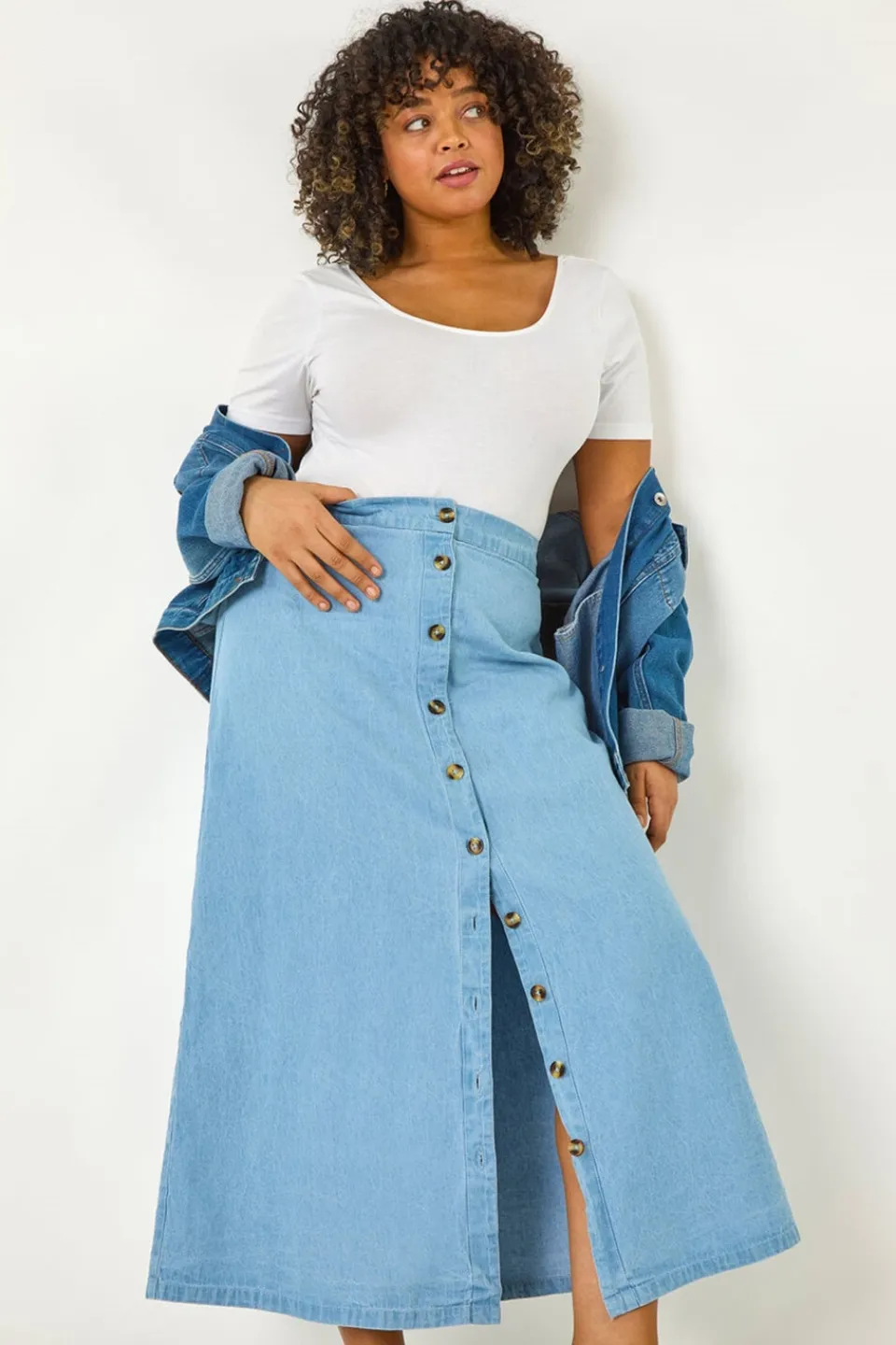 Skirts>Roman Light Blue Curve Button Through Denim Skirt