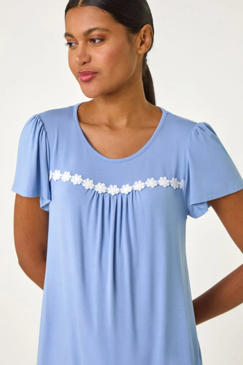 Tops>Roman Light Blue Daisy Trim Stretch Top