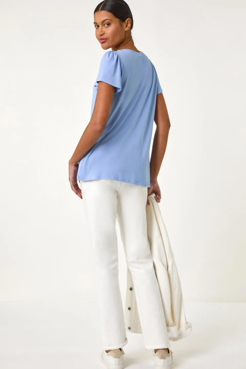 Tops>Roman Light Blue Daisy Trim Stretch Top