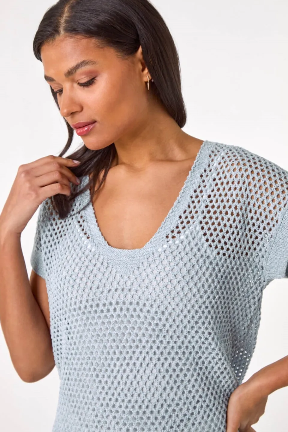 Tops>Roman Light Blue Double Layer Open Knit Top