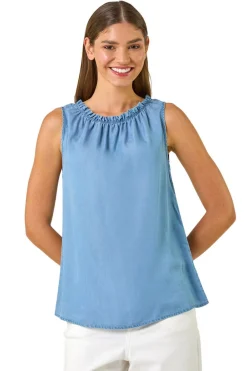Tops>Roman Light Blue Elasticated Neck Vest Top