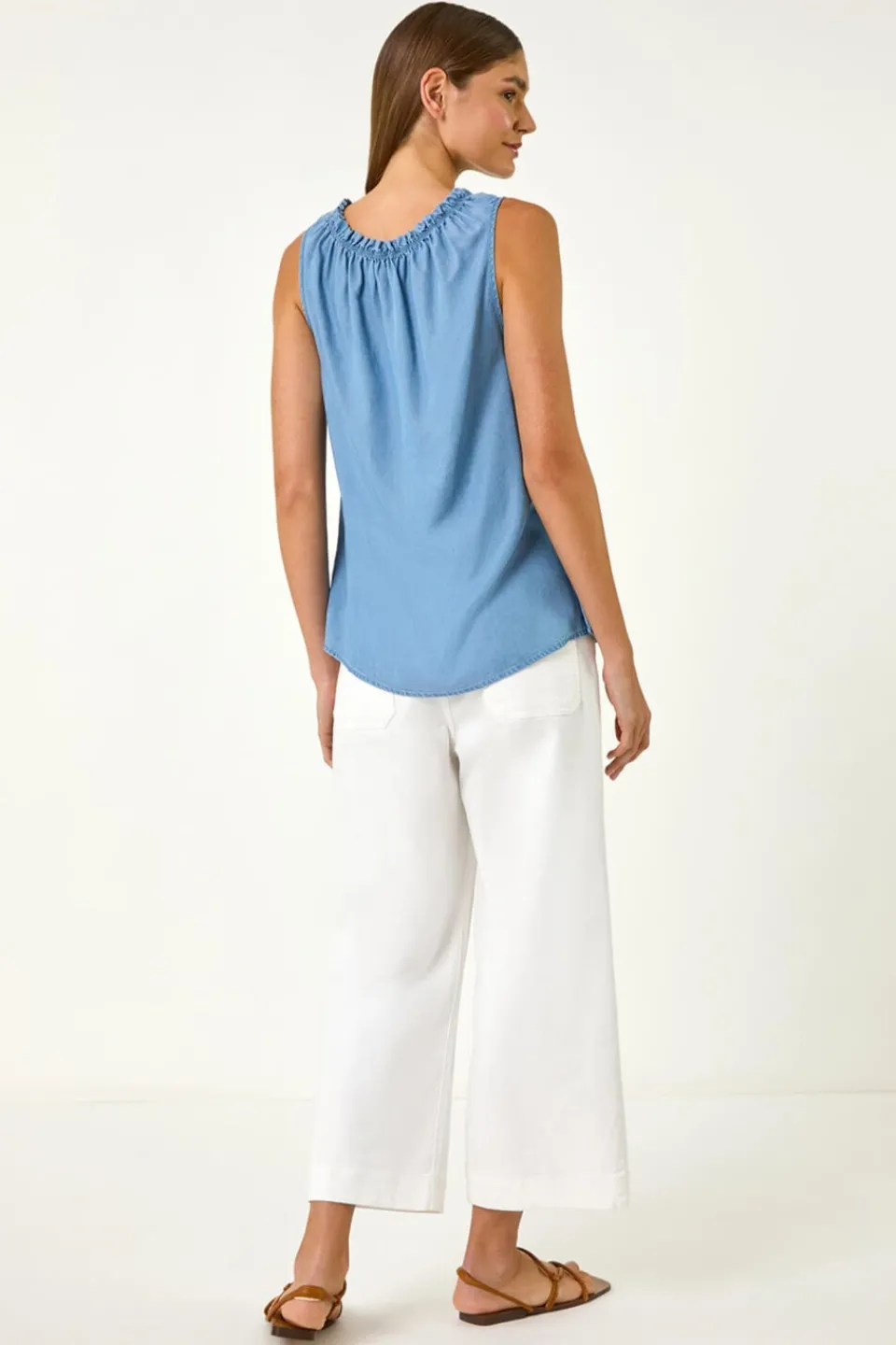 Tops>Roman Light Blue Elasticated Neck Vest Top