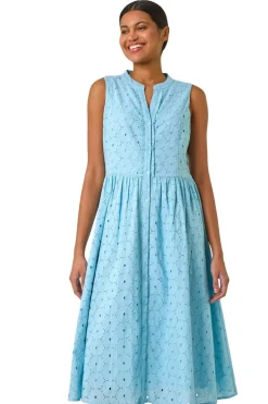 Dresses>Roman Light Blue Floral Cotton Broderie Midi Dress