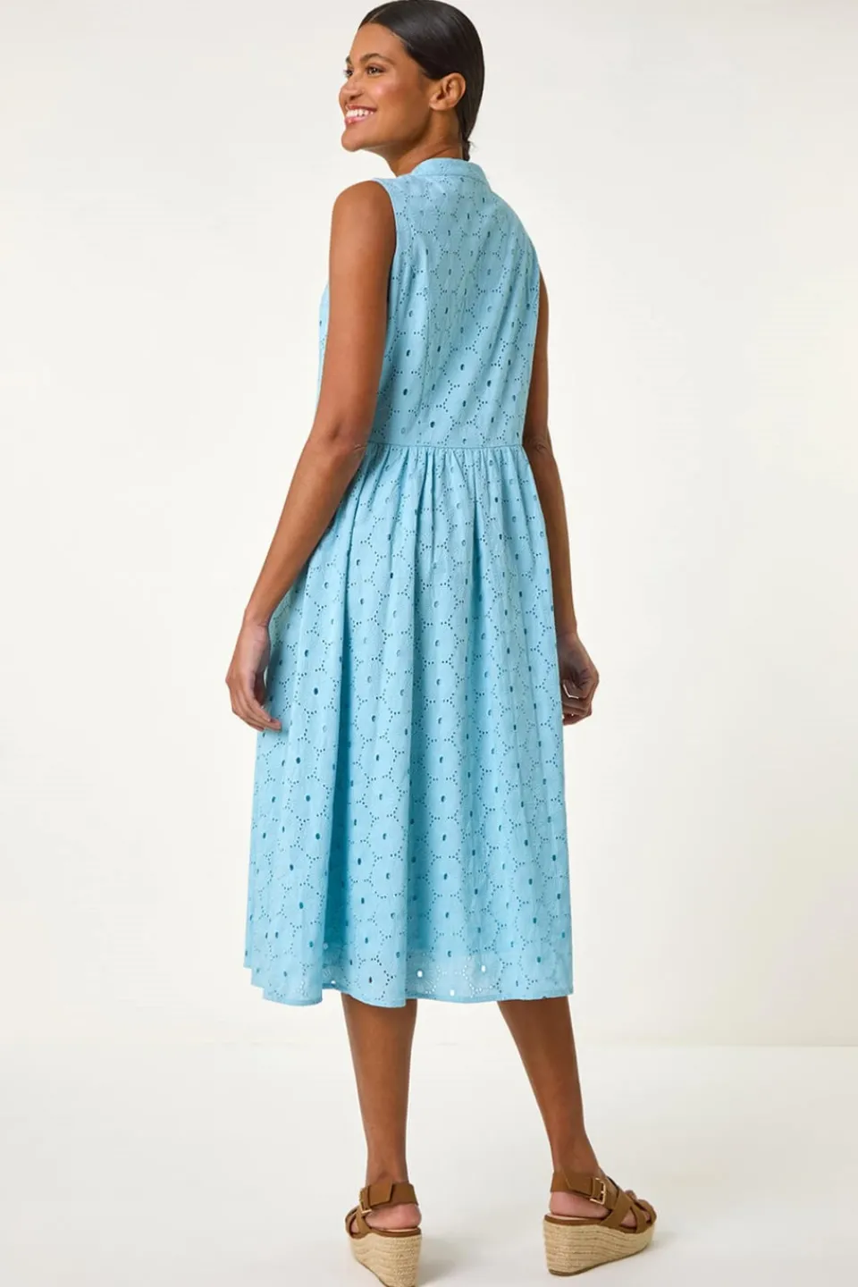 Dresses>Roman Light Blue Floral Cotton Broderie Midi Dress