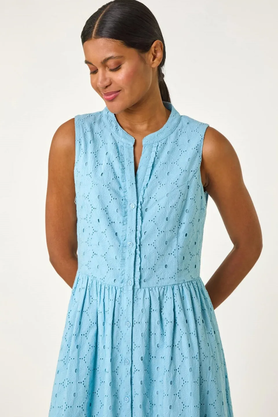 Dresses>Roman Light Blue Floral Cotton Broderie Midi Dress