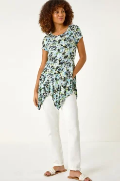 Tops>Roman Light Blue Floral Print Hanky Hem Top