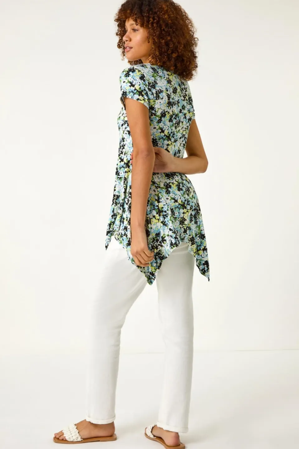 Tops>Roman Light Blue Floral Print Hanky Hem Top
