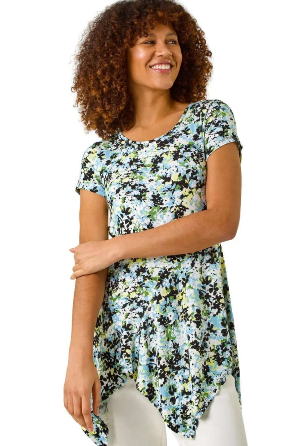 Tops>Roman Light Blue Floral Print Hanky Hem Top