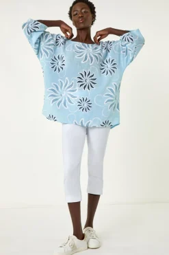 Tops>Roman Light Blue Floral Print Tunic Top