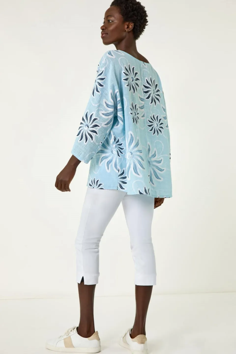 Tops>Roman Light Blue Floral Print Tunic Top