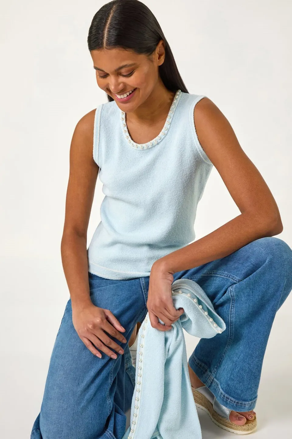 Tops>Roman Light Blue Pearl Detail Knit Vest
