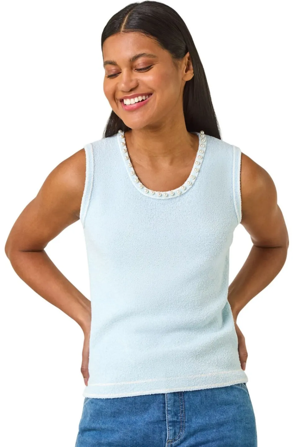 Tops>Roman Light Blue Pearl Detail Knit Vest