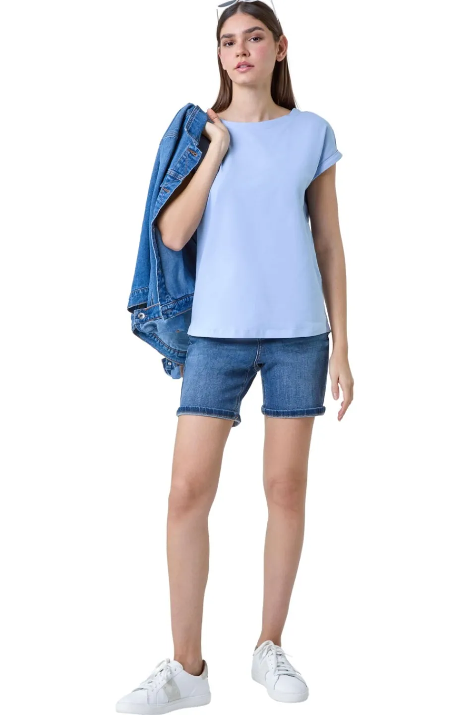 T-Shirts>Roman Light Blue Plain Stretch Cotton Jersey T-Shirt