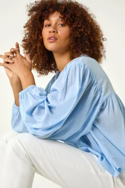 Tops>Roman Light Blue Pleat Detail Button Through Blouse