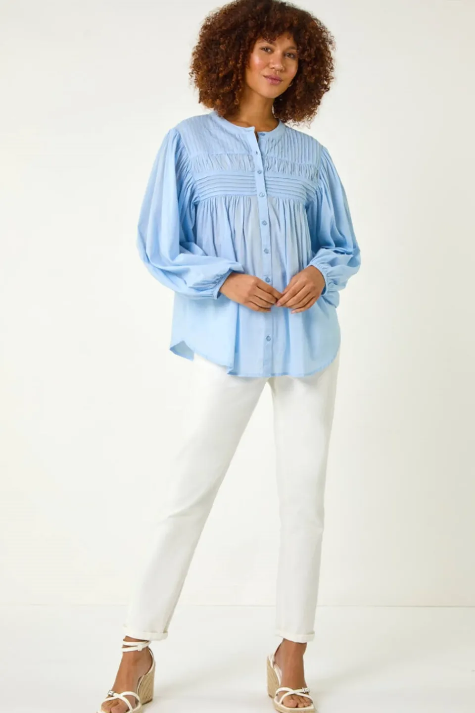 Tops>Roman Light Blue Pleat Detail Button Through Blouse