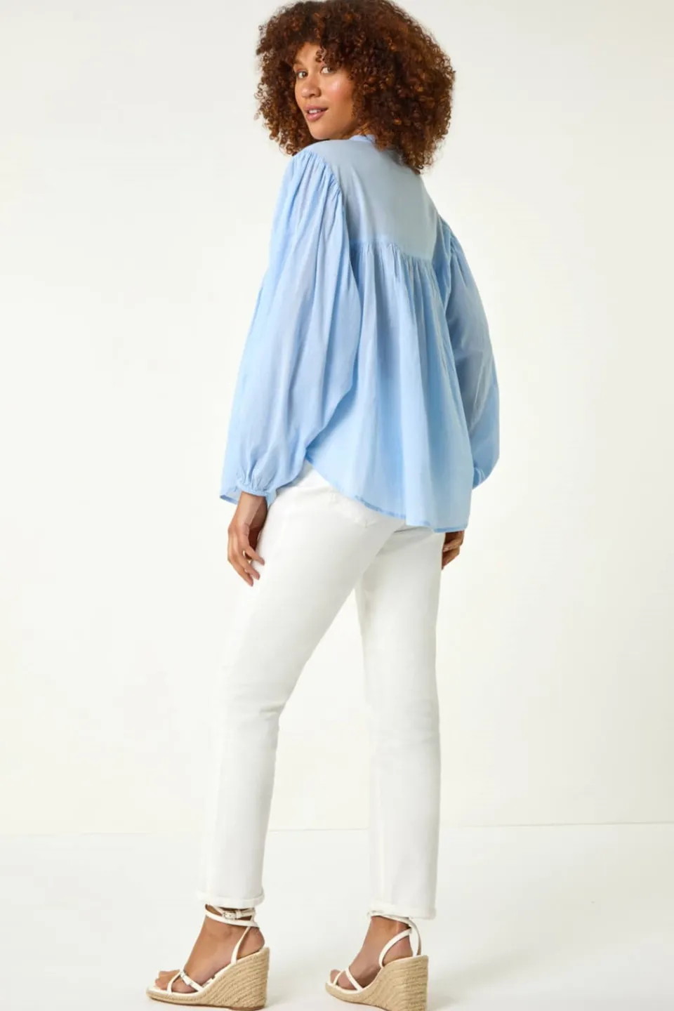 Tops>Roman Light Blue Pleat Detail Button Through Blouse