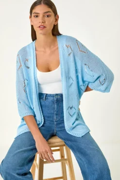 Tops>Roman Light Blue Pointelle Heart Knit Cardigan