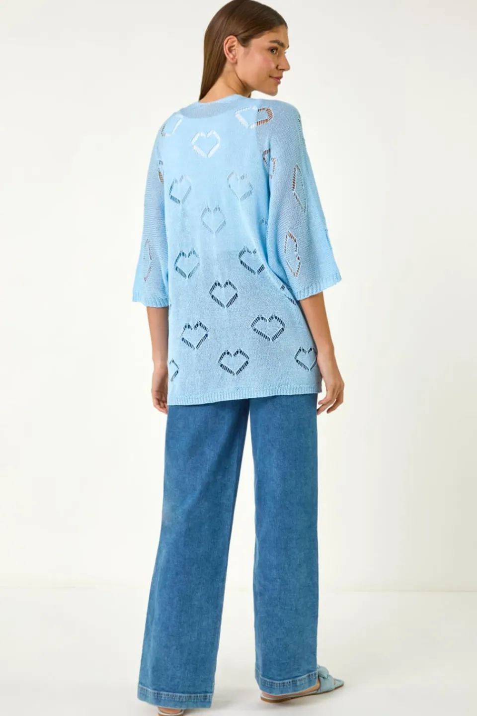 Tops>Roman Light Blue Pointelle Heart Knit Cardigan