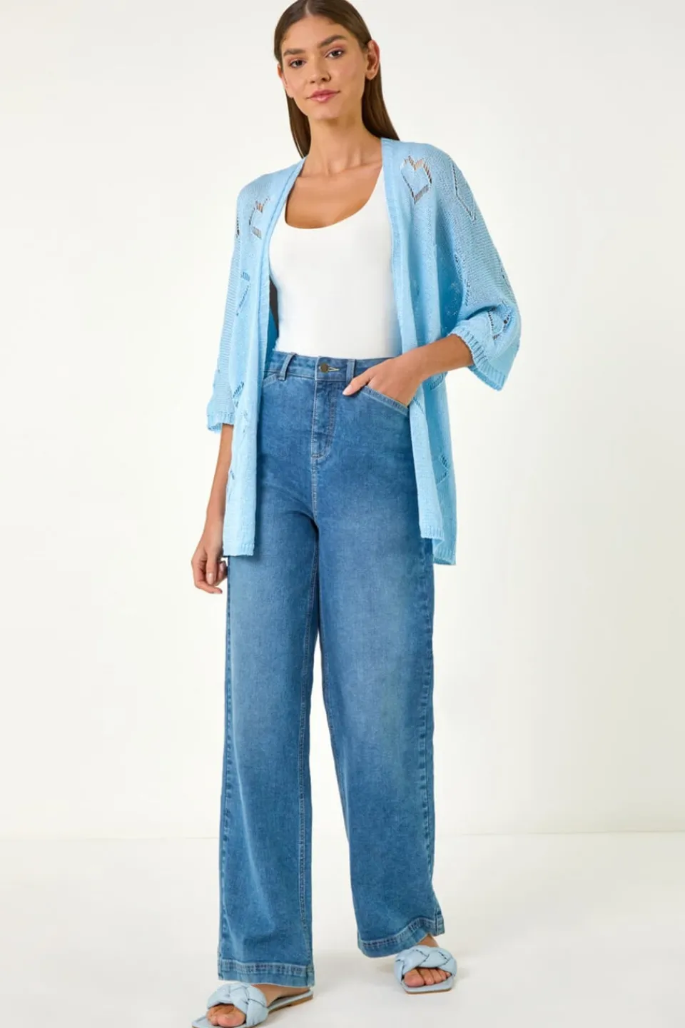 Tops>Roman Light Blue Pointelle Heart Knit Cardigan