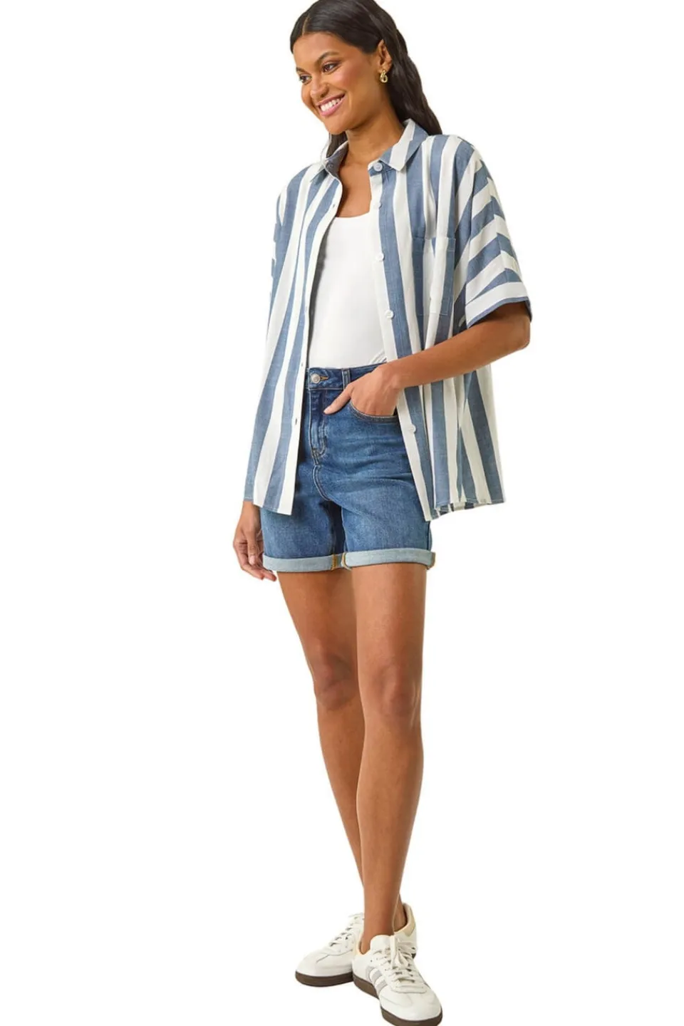 Tops>Roman Light Blue Stripe Print Button Detail Shirt