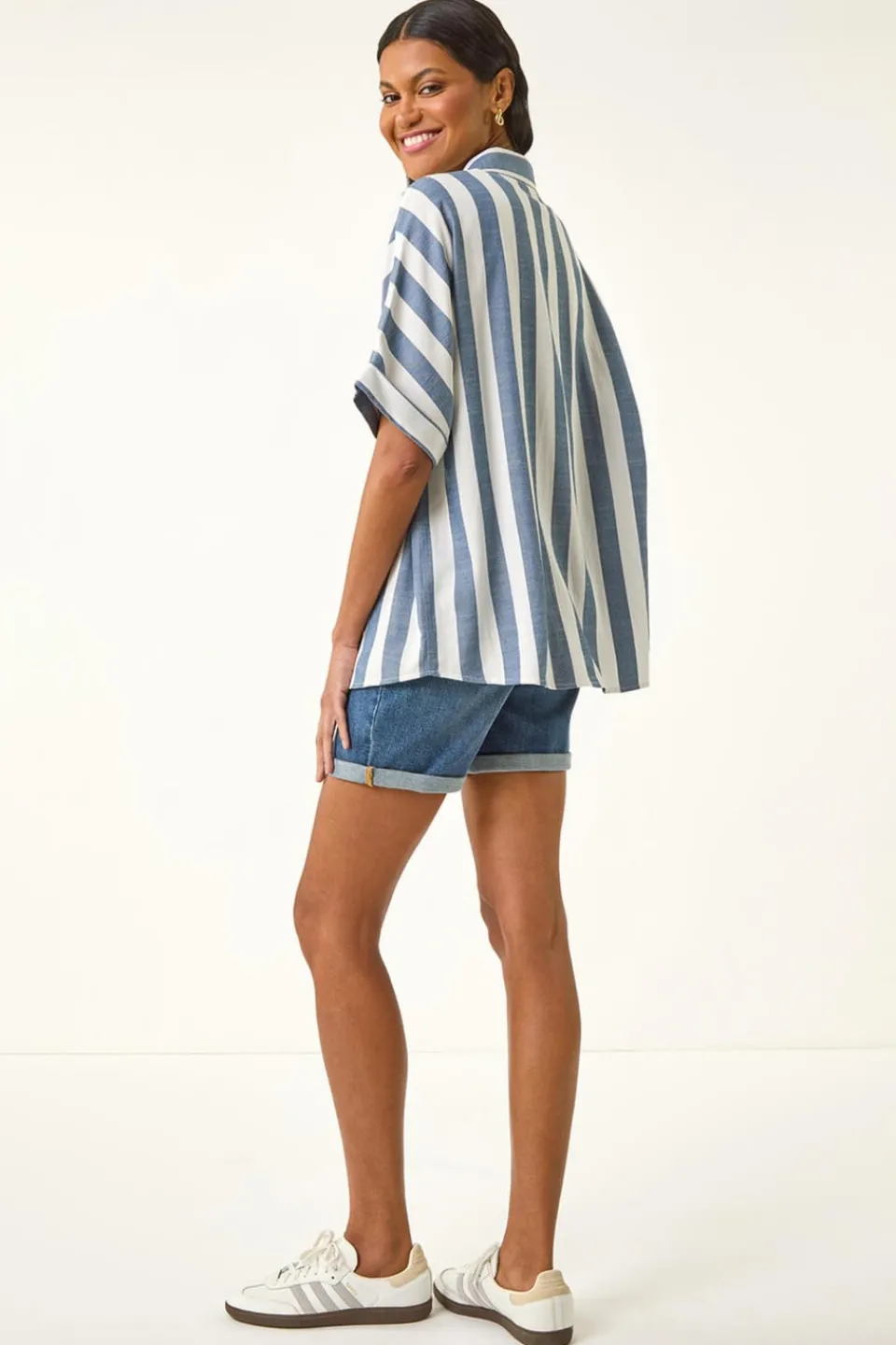 Tops>Roman Light Blue Stripe Print Button Detail Shirt
