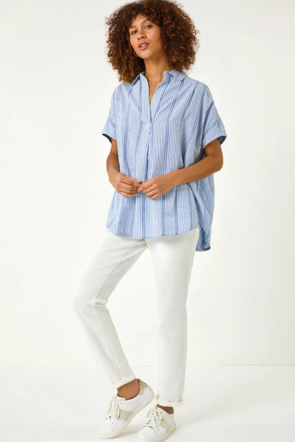 Tops>Roman Light Blue Stripe Pleated Neck Top