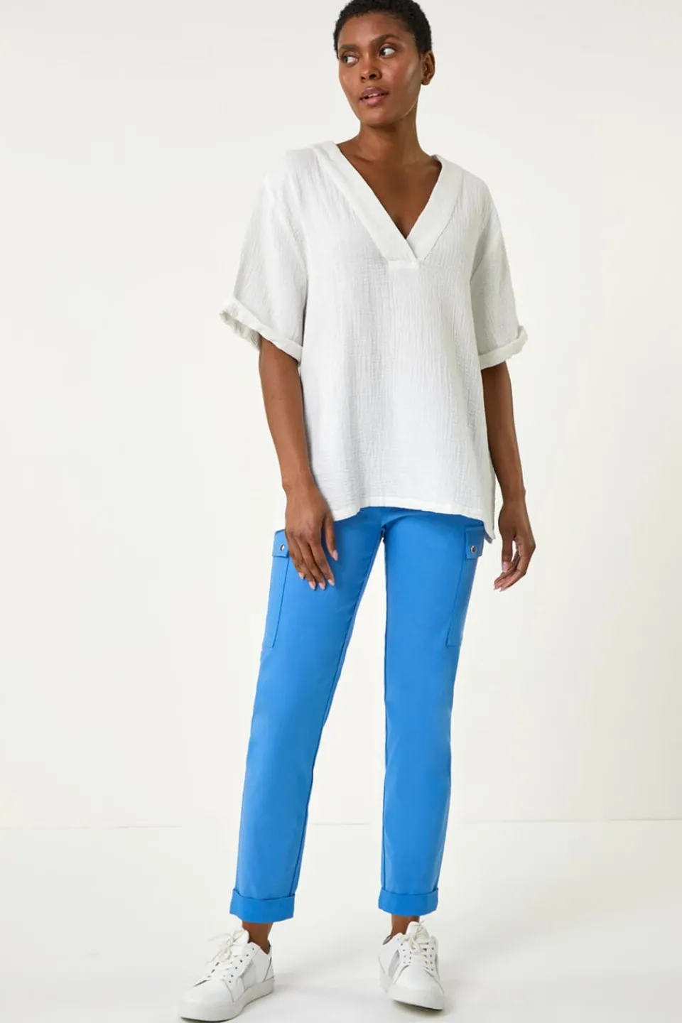 Trousers>Roman Light Blue Turn Up Stretch Cargo Trousers