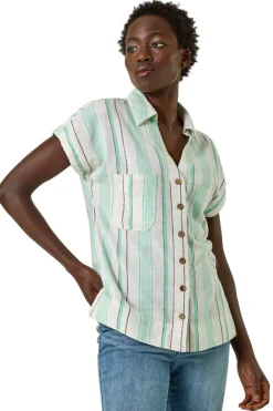 Tops>Roman Light Blue Verticle Stripe Short Sleeve Shirt