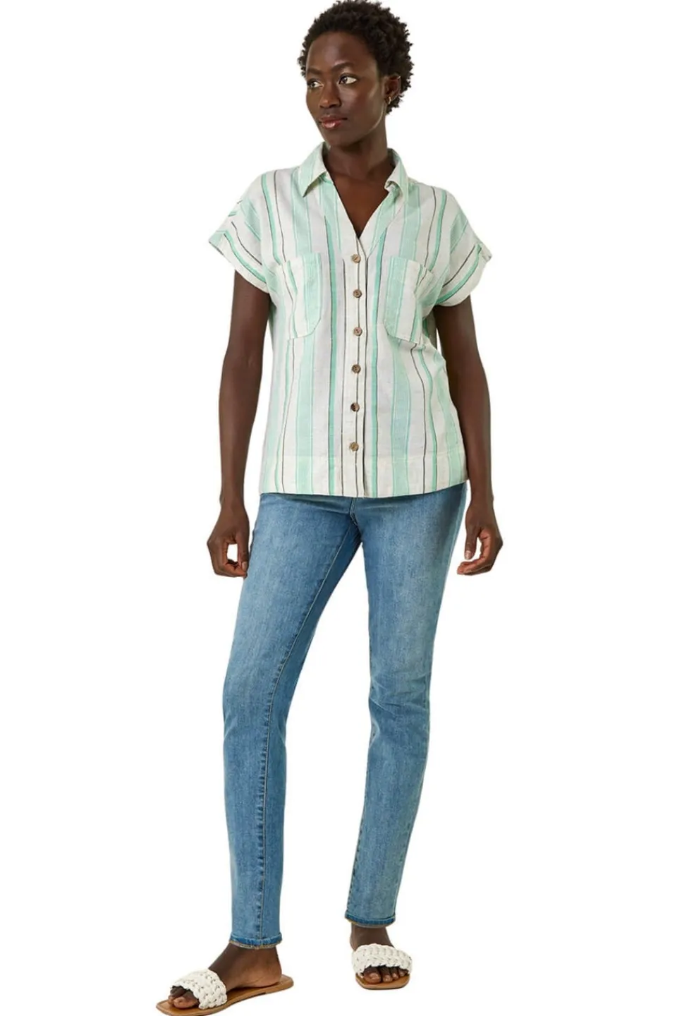 Tops>Roman Light Blue Verticle Stripe Short Sleeve Shirt