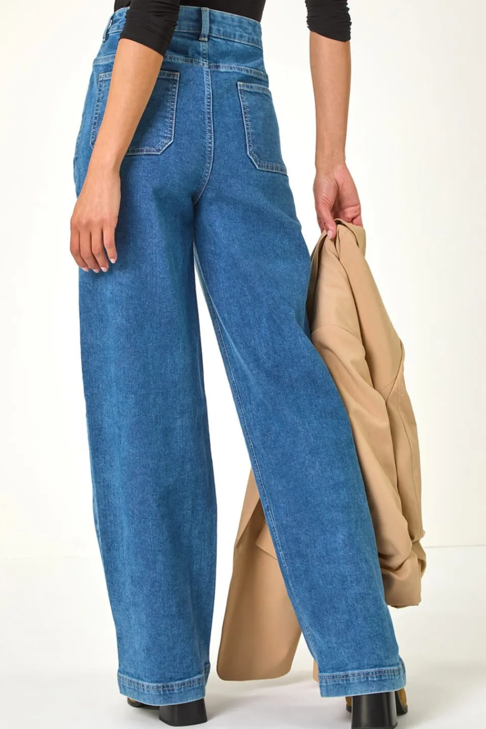Jeans & Jeggings>Roman Light Denim Cotton Blend Wide Leg Stretch Jeans