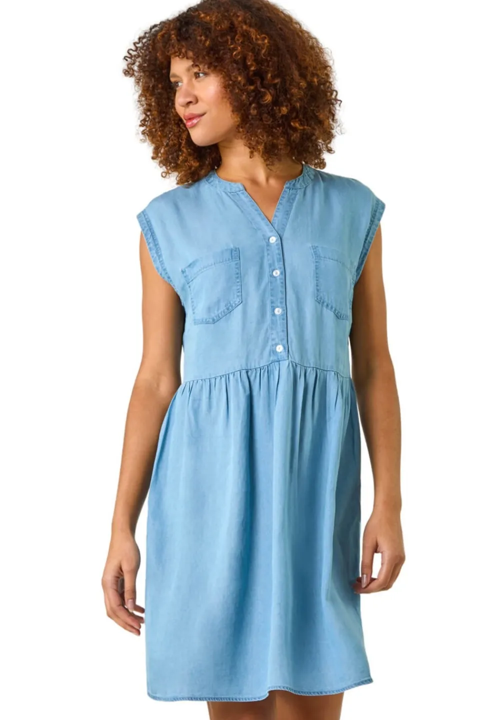 Dresses>Roman Light Denim Denim Button Short Dress