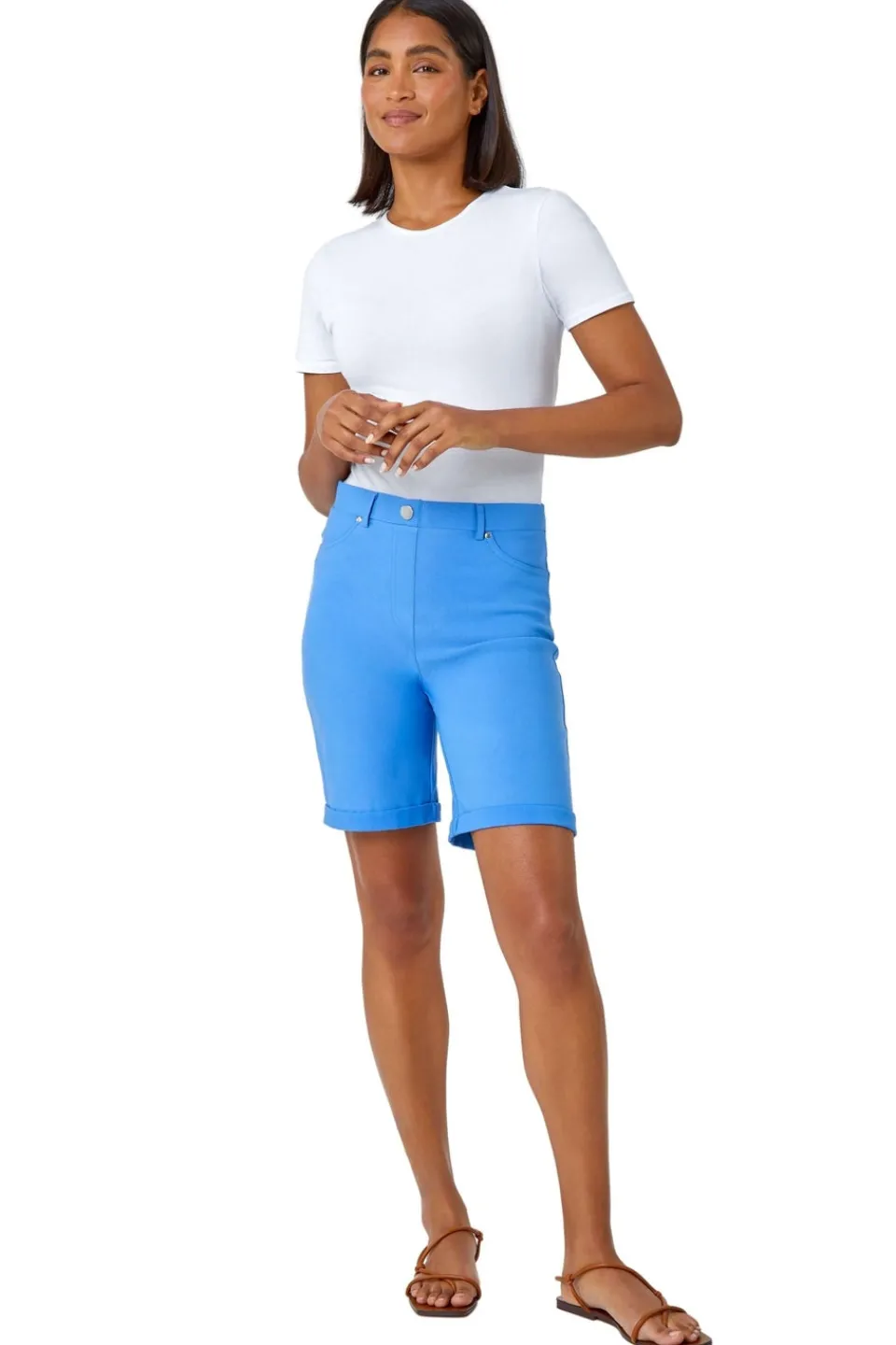 Shorts>Roman Light Denim Elastic Waist Turn Up Stretch Shorts LightDenim