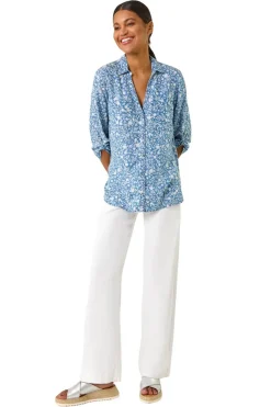 Tops>Roman Light Denim Floral Print Button Through Shirt