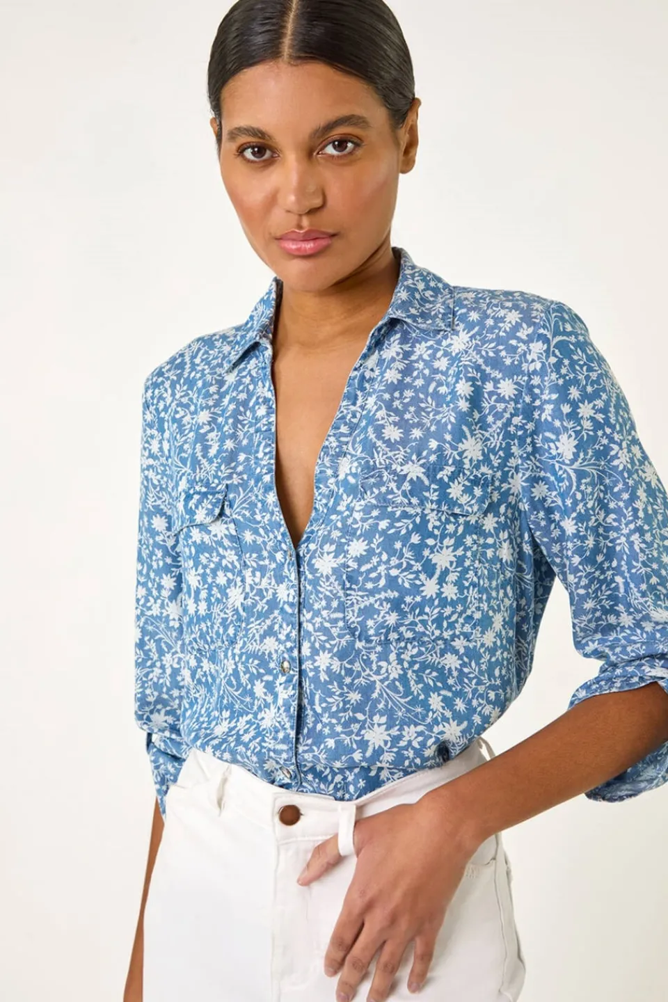 Tops>Roman Light Denim Floral Print Button Through Shirt