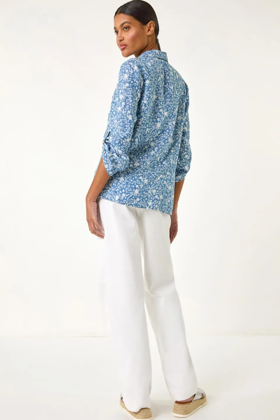 Tops>Roman Light Denim Floral Print Button Through Shirt