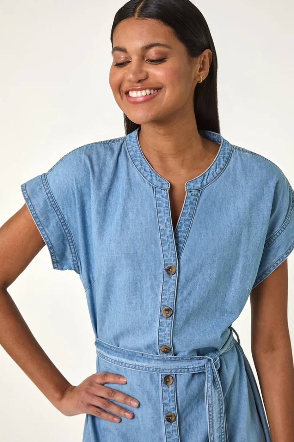Dresses>Roman Light Denim Tiered Shirt Dress