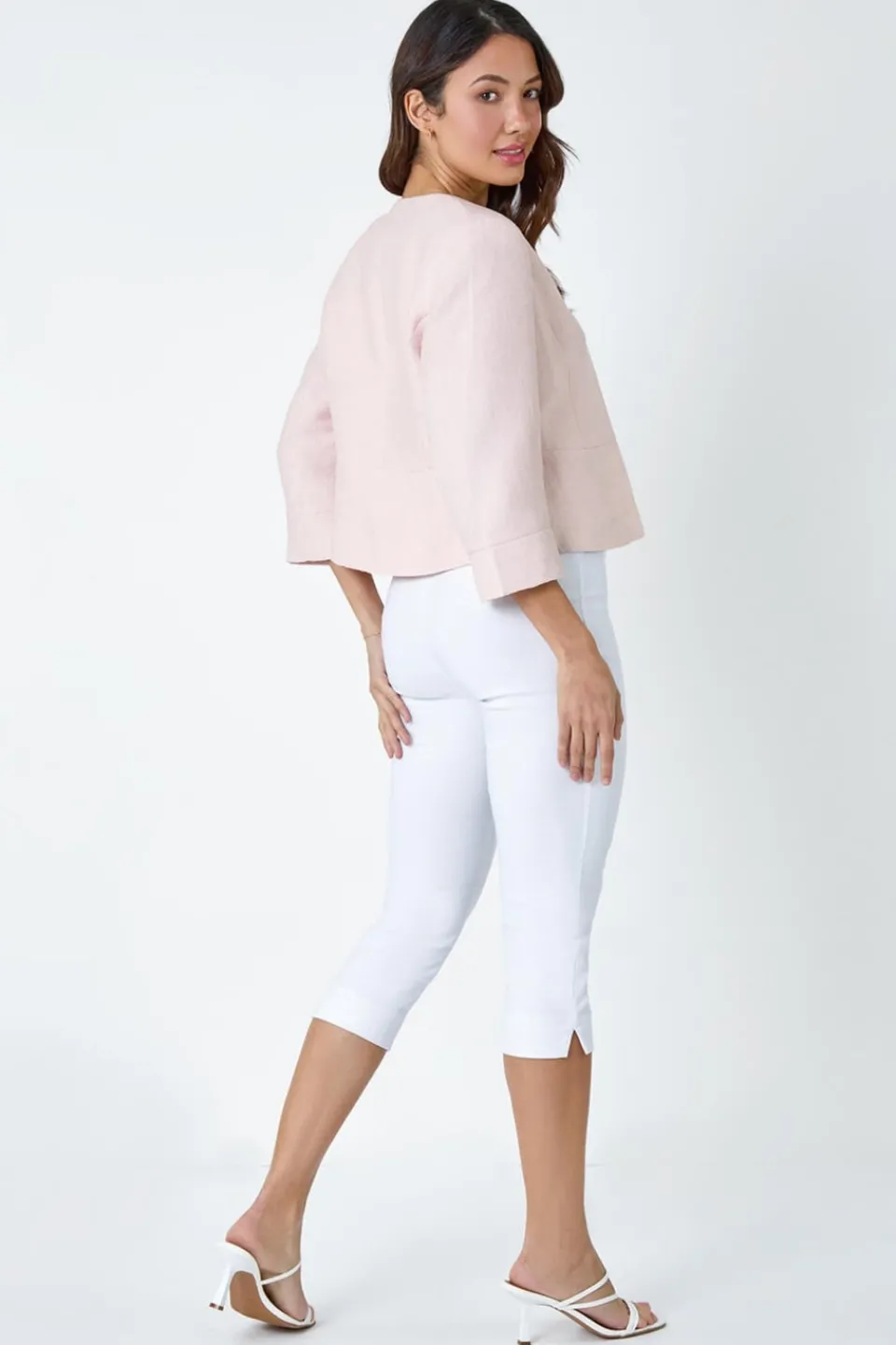 Coats & Jackets>Roman Light Pink 3/4 Sleeve Pleated Textured Cropped Jacket