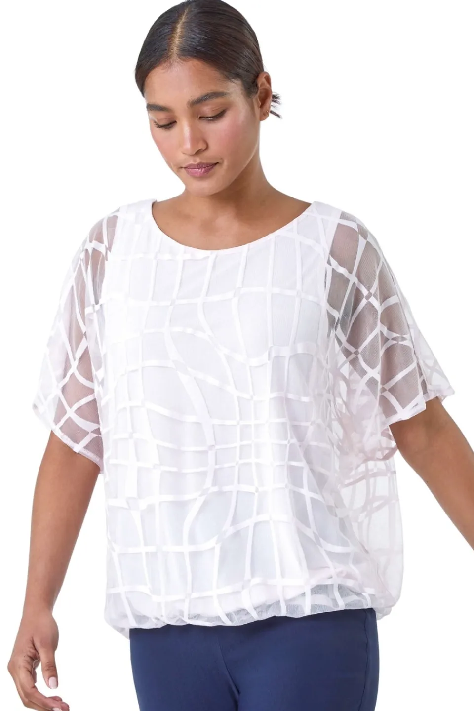 Blouses & Shirts>Roman Light Pink Abstract Check Print Blouson Top