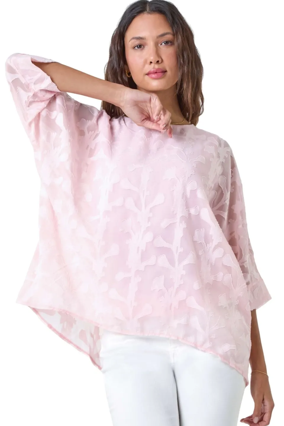 T-Shirts>Roman Light Pink Burnout Floral Dipped Hem Overlay Top