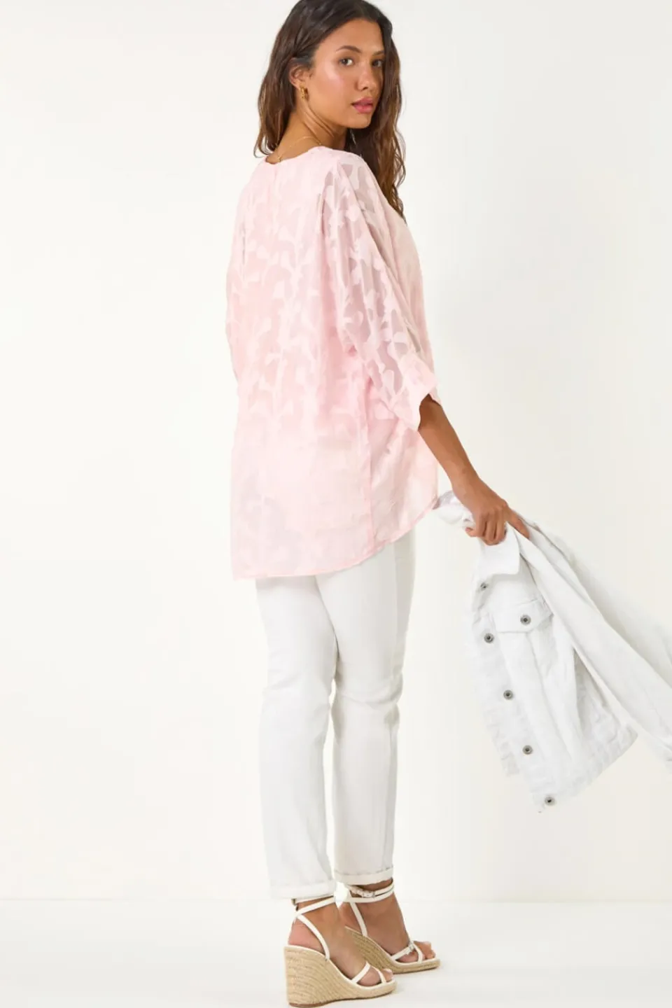 T-Shirts>Roman Light Pink Burnout Floral Dipped Hem Overlay Top