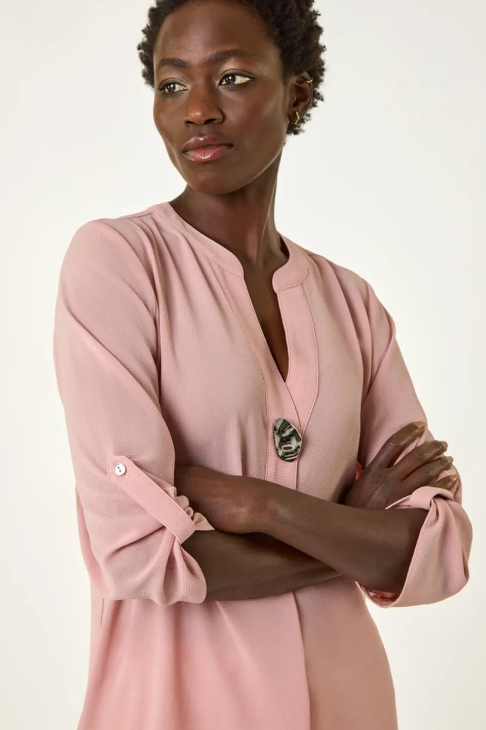 Blouses & Shirts>Roman Light Pink Button Detail Longline Blouse LightPink