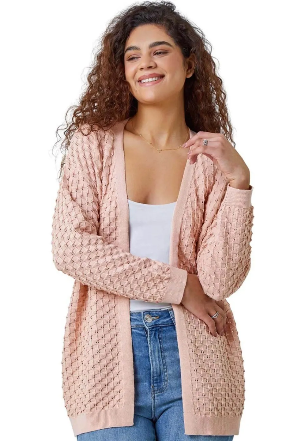 Tops>Roman Light Pink Cotton Blend Waffle Knit Cardigan
