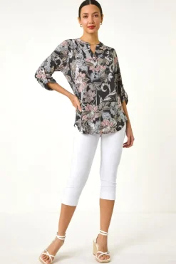 Tops>Roman Light Pink Floral Print Pleated Shirt