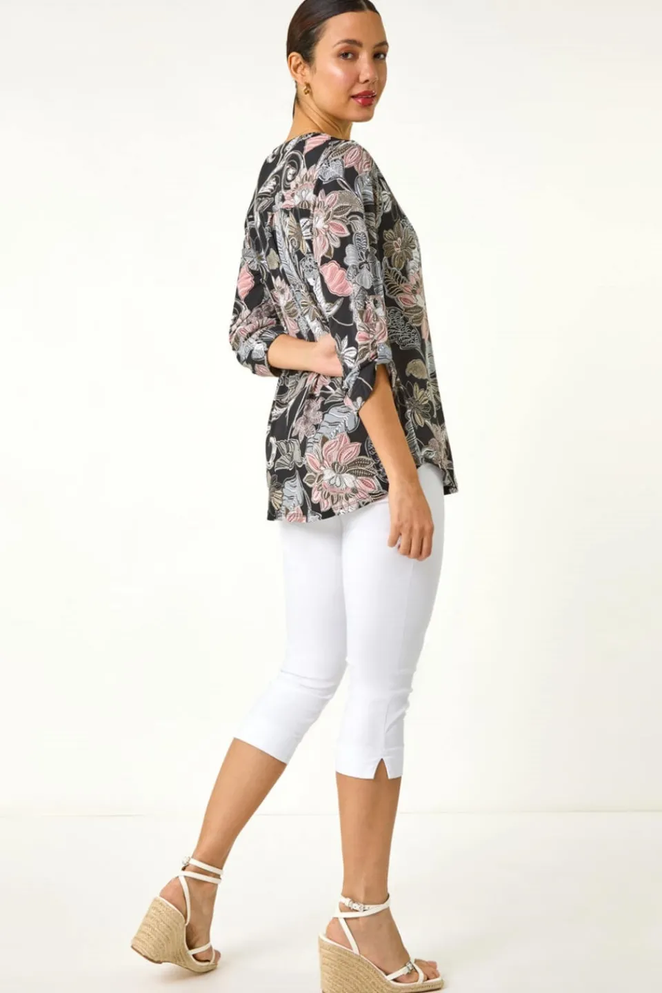 Tops>Roman Light Pink Floral Print Pleated Shirt