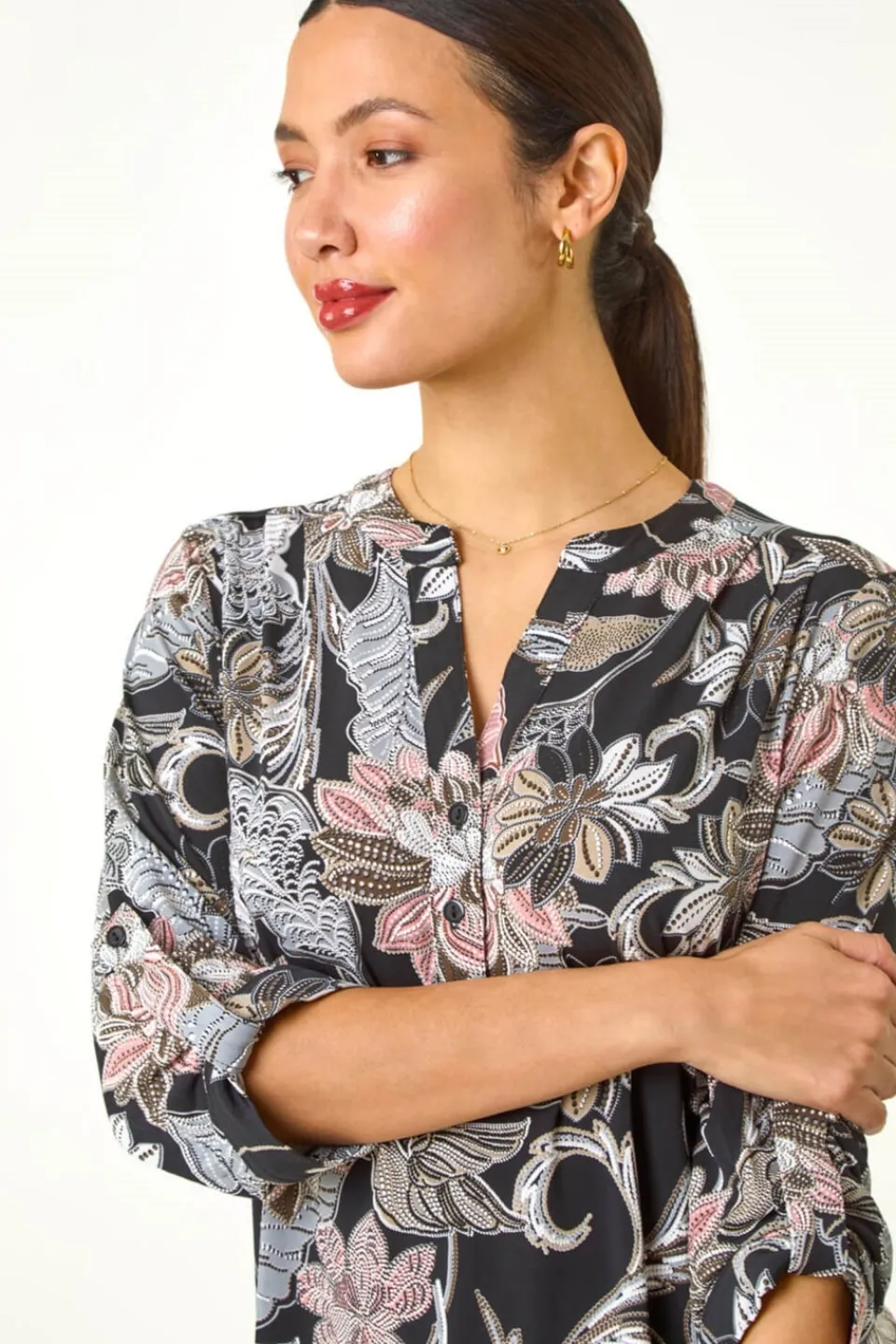 Tops>Roman Light Pink Floral Print Pleated Shirt