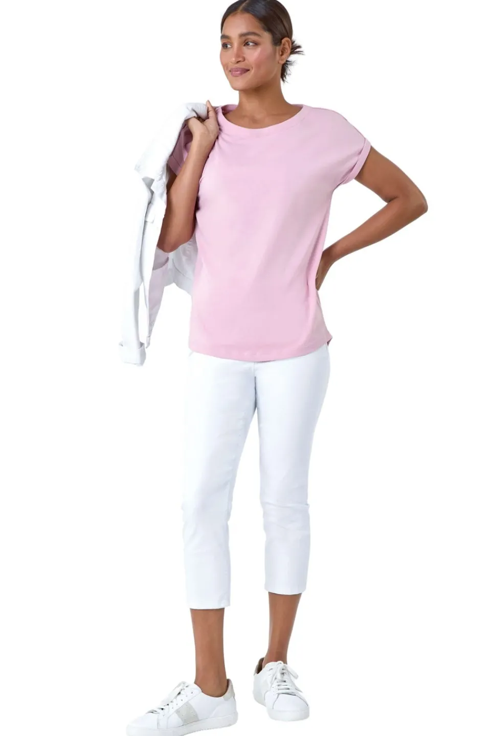 T-Shirts>Roman Light Plain Stretch Cotton Jersey T-Shirt Pink