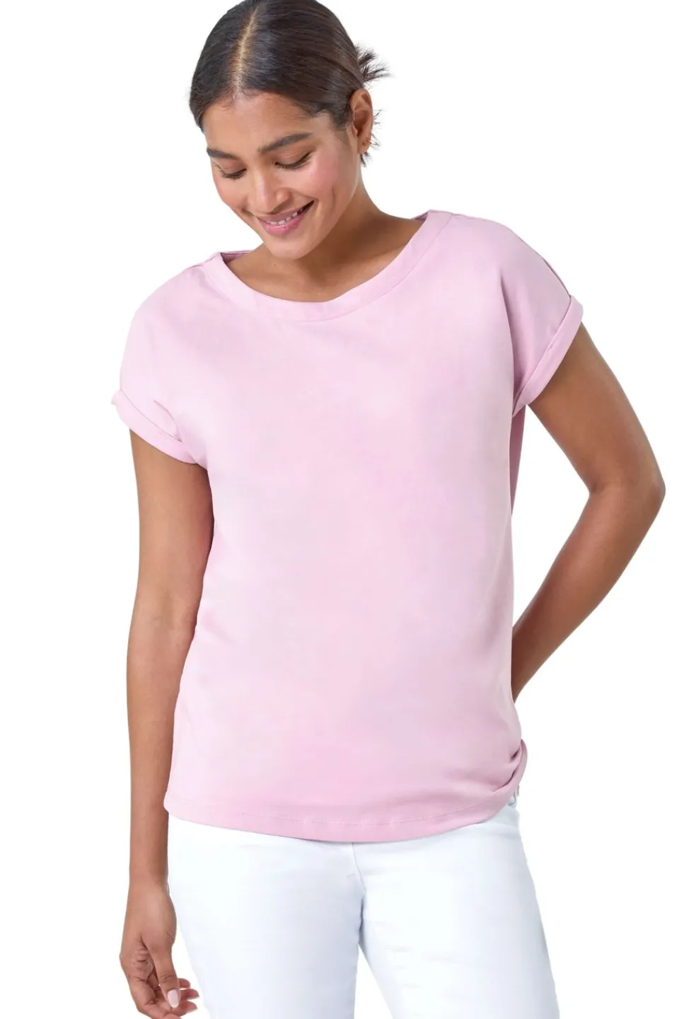 T-Shirts>Roman Light Plain Stretch Cotton Jersey T-Shirt Pink